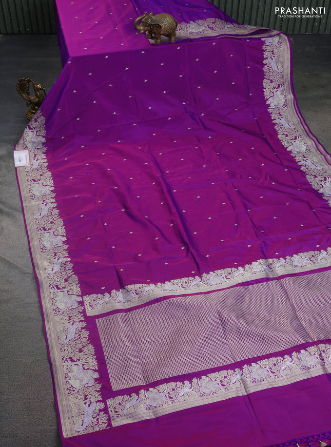 Banarasi semi katan silk saree purple with silver zari woven buttas and rich zari woven border