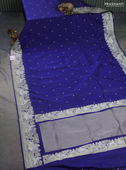 Banarasi semi katan silk saree dark blue with silver zari woven buttas and rich zari woven border