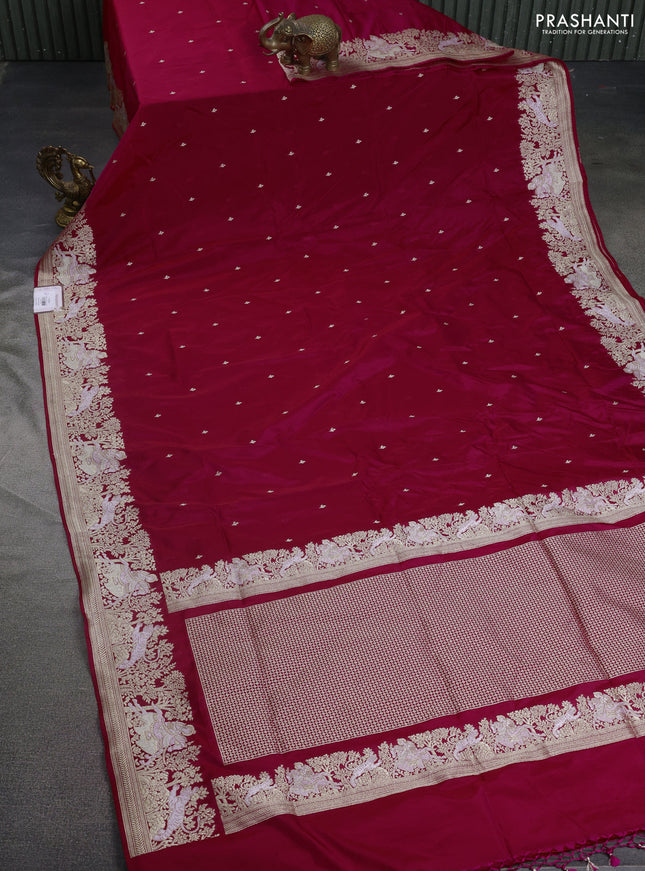 Banarasi semi katan silk saree pink with silver zari woven buttas and rich zari woven border