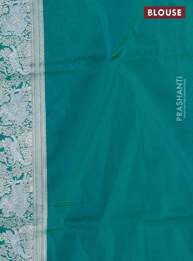 Banarasi semi katan silk saree teal bluish green with silver zari woven buttas and rich zari woven border