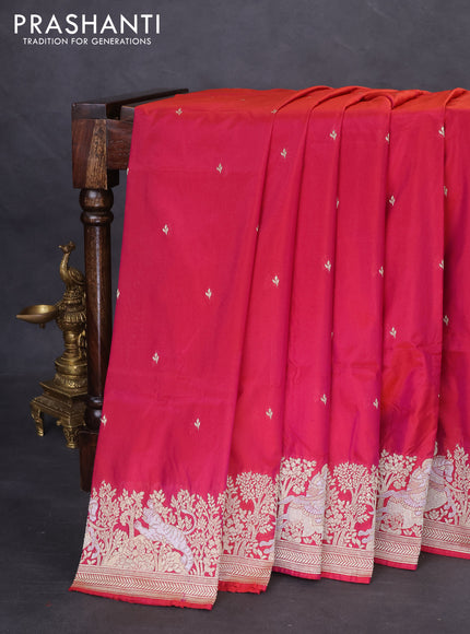 Banarasi semi katan silk saree dark pink with silver zari woven buttas and rich zari woven border
