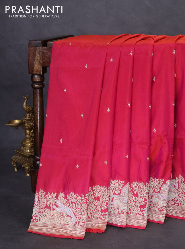 Banarasi semi katan silk saree dark pink with silver zari woven buttas and rich zari woven border