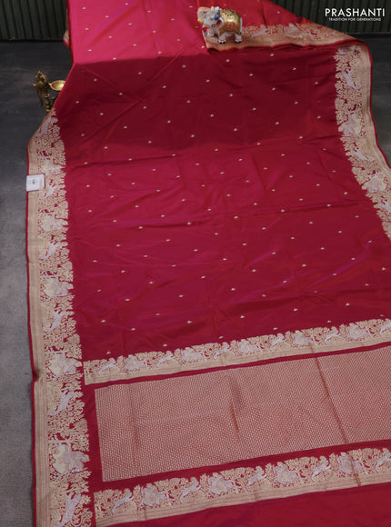 Banarasi semi katan silk saree dark pink with silver zari woven buttas and rich zari woven border