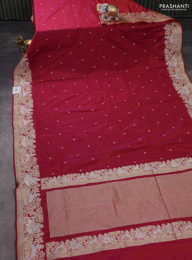 Banarasi semi katan silk saree dark pink with silver zari woven buttas and rich zari woven border