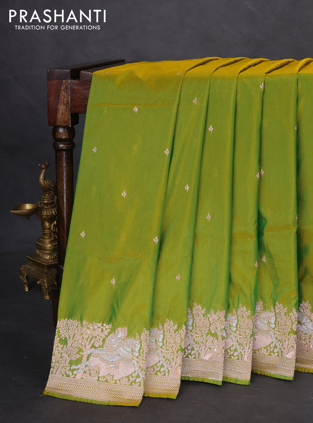 Banarasi semi katan silk saree dual shade of mustard green with silver zari woven buttas and rich zari woven border