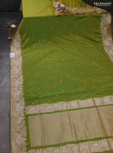 Banarasi semi katan silk saree dual shade of mustard green with silver zari woven buttas and rich zari woven border