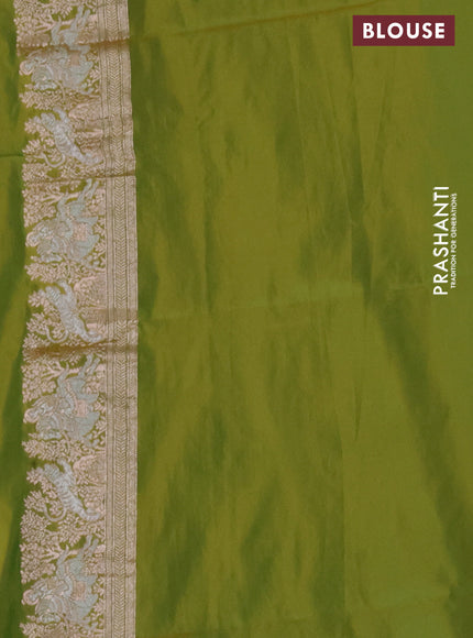 Banarasi semi katan silk saree dual shade of mustard green with silver zari woven buttas and rich zari woven border