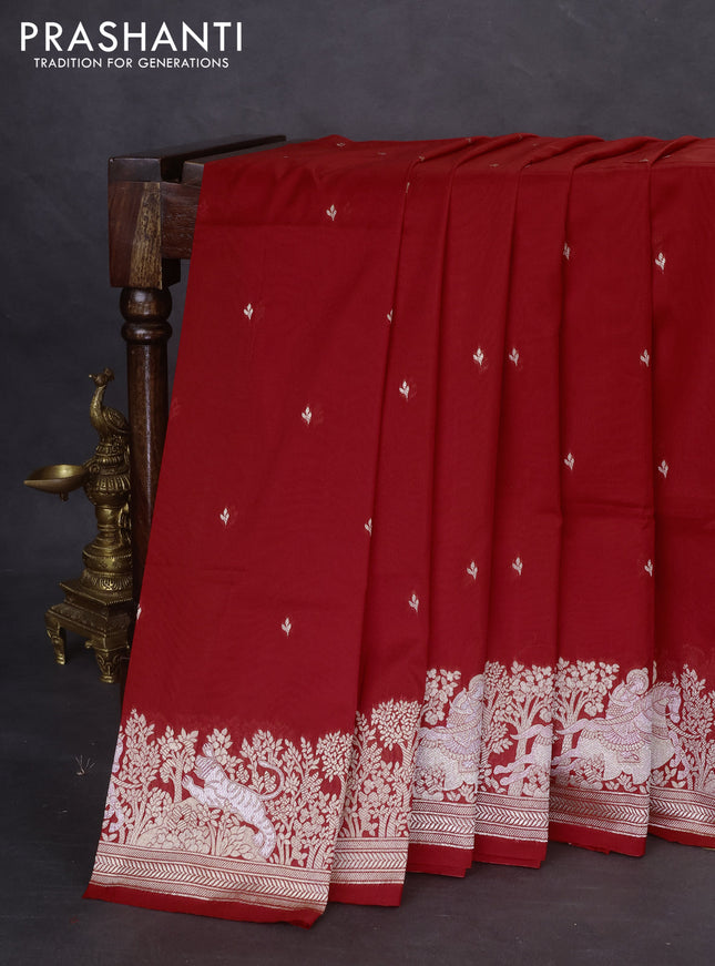 Banarasi semi katan silk saree red with silver zari woven buttas and rich zari woven border