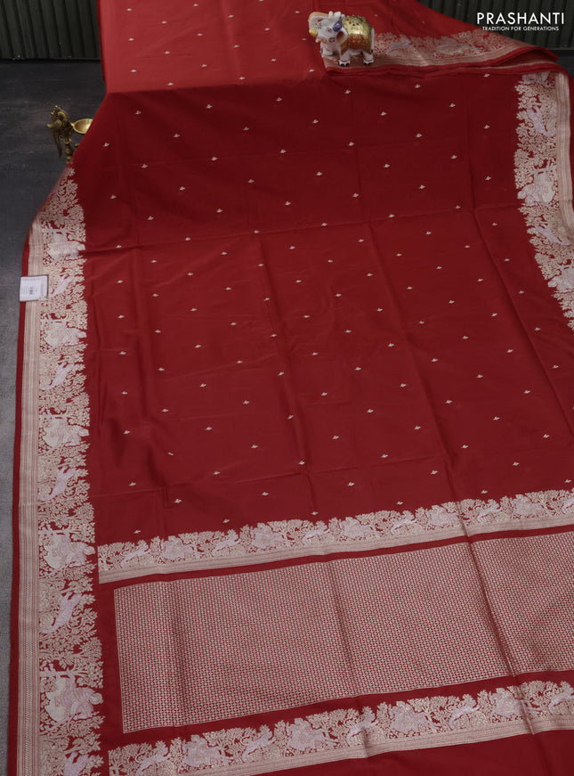 Banarasi semi katan silk saree red with silver zari woven buttas and rich zari woven border