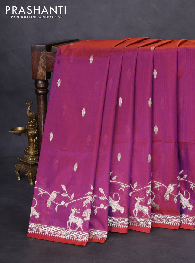 Banarasi semi katan silk saree dual shade of maroonish purple with allover zari woven buttas and rich zari woven border
