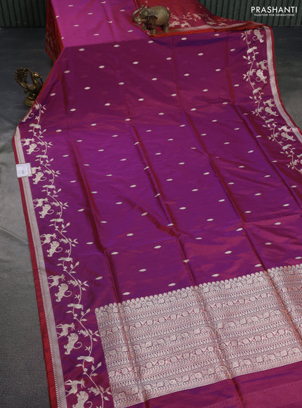 Banarasi semi katan silk saree dual shade of maroonish purple with allover zari woven buttas and rich zari woven border