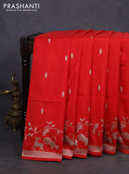 Banarasi semi katan silk saree red with zari woven buttas and rich zari woven border