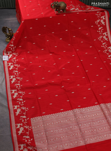 Banarasi semi katan silk saree red with zari woven buttas and rich zari woven border