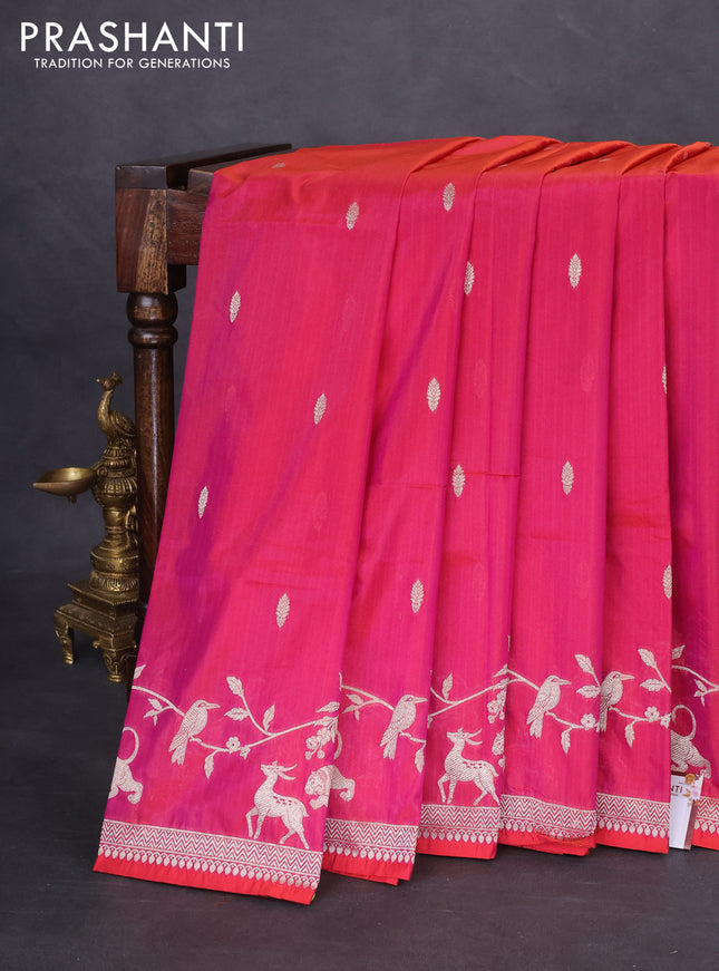 Banarasi semi katan silk saree dual shade of reddish pink with allover zari woven buttas and rich zari woven border