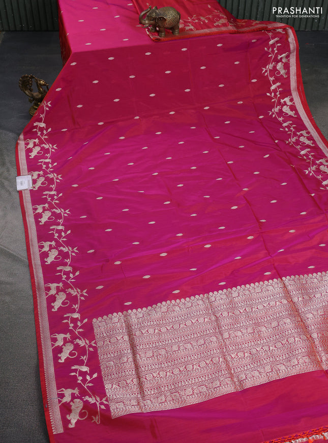 Banarasi semi katan silk saree dual shade of reddish pink with allover zari woven buttas and rich zari woven border
