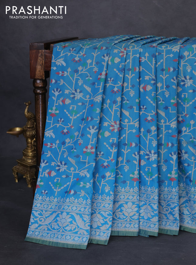 Banarasi semi katan silk saree teal blue with allover jamdhani weaves and rich zari woven border