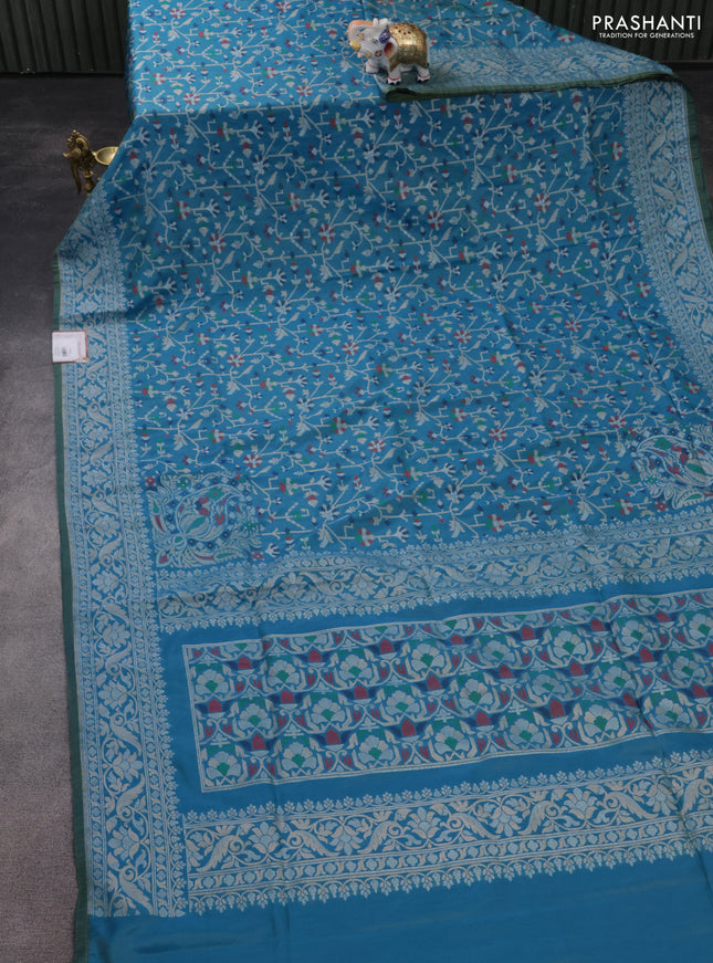 Banarasi semi katan silk saree teal blue with allover jamdhani weaves and rich zari woven border