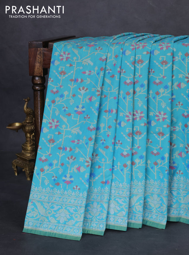 Banarasi semi katan silk saree teal blue shade with allover jamdhani weaves and rich zari woven border