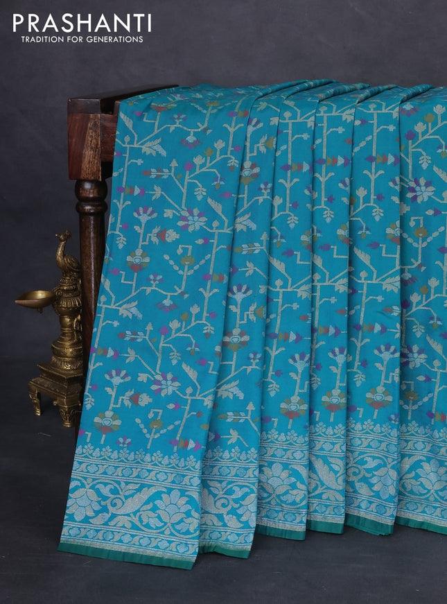 Banarasi semi katan silk saree teal green with allover jamdhani weaves and rich zari woven border