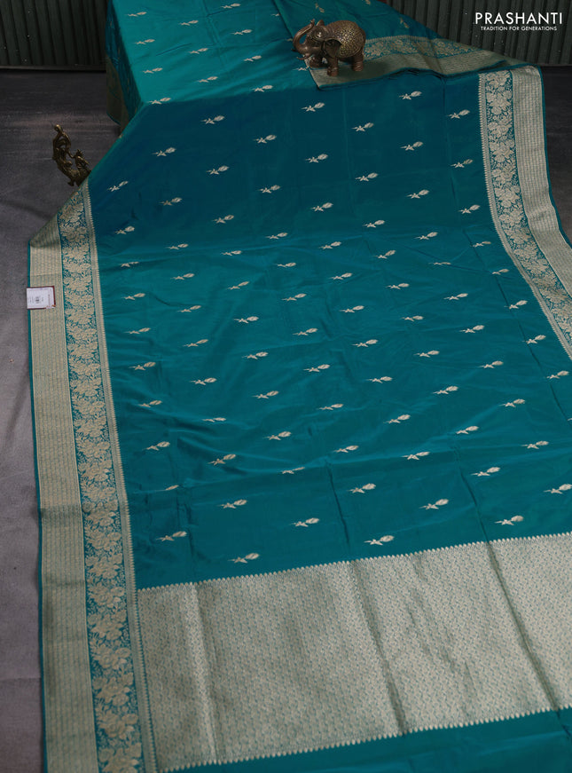 Banarasi semi katan silk saree dual shade of teal bluish green with floral zari woven buttas and zari woven border
