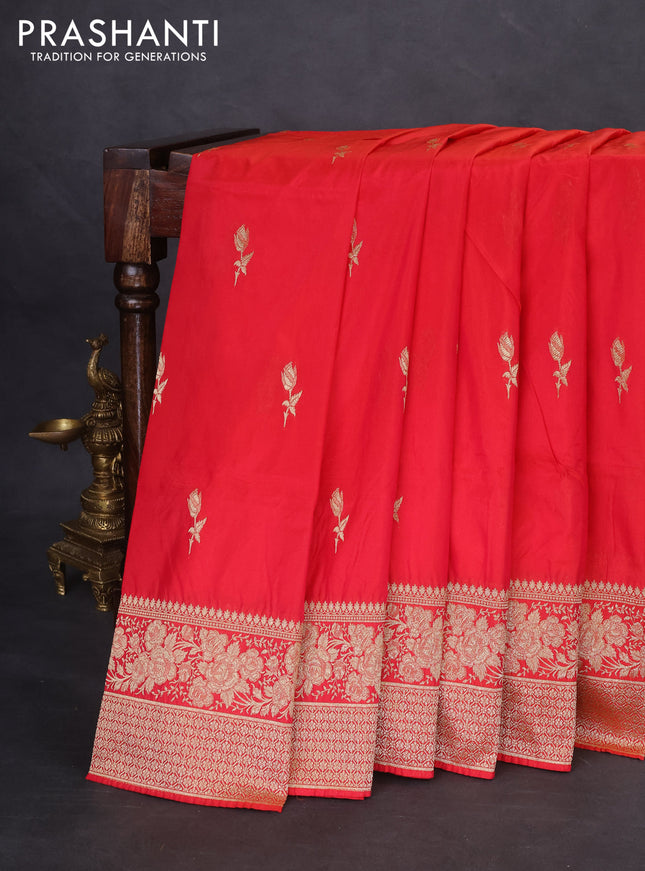 Banarasi semi katan silk saree dual shade of reddish pink with floral zari woven buttas and zari woven border