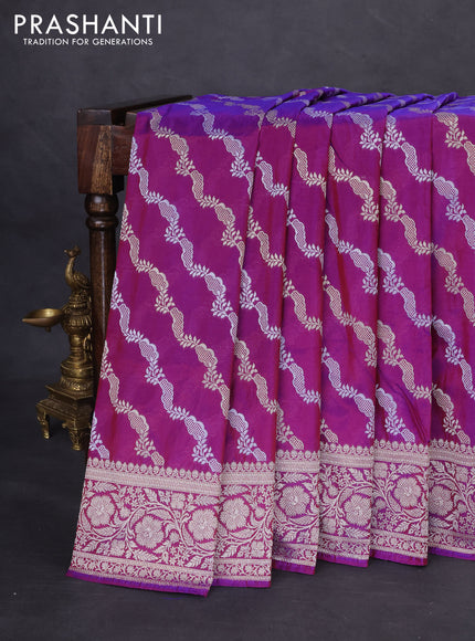 Banarasi semi katan silk saree purple with allover silver & gold zari weaves and floral zari woven border