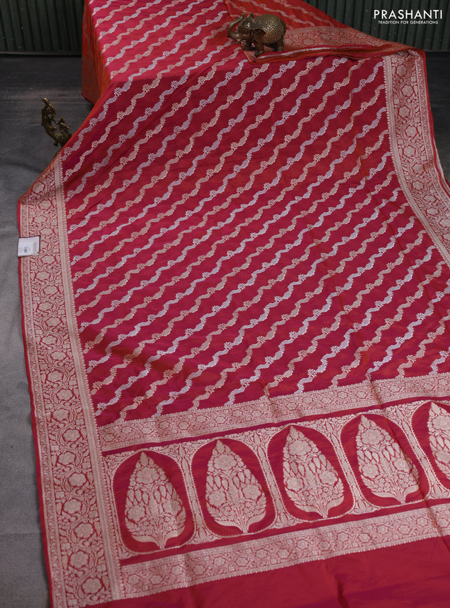Banarasi semi katan silk saree dual shade of magenta pinkish orange with allover silver & gold zari weaves and floral zari woven border