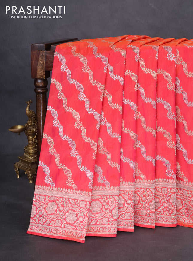Banarasi semi katan silk saree dual shade of peach pink with allover silver & gold zari weaves and floral zari woven border