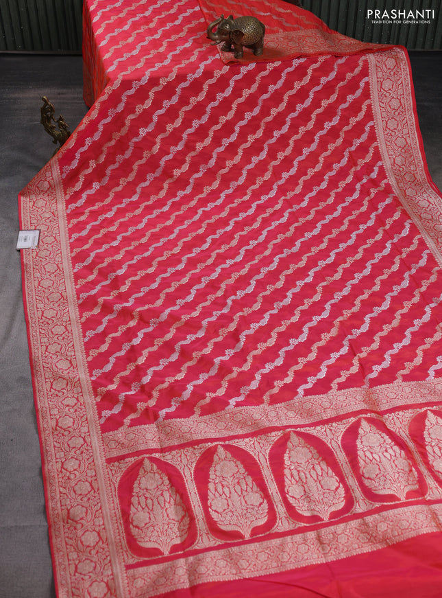 Banarasi semi katan silk saree dual shade of peach pink with allover silver & gold zari weaves and floral zari woven border