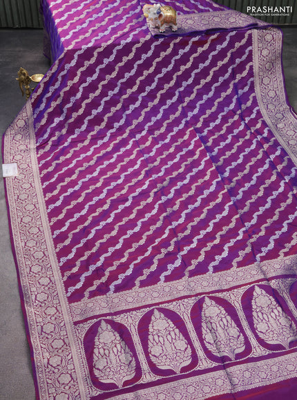 Banarasi semi katan silk saree purple with allover silver & gold zari weaves and floral zari woven border