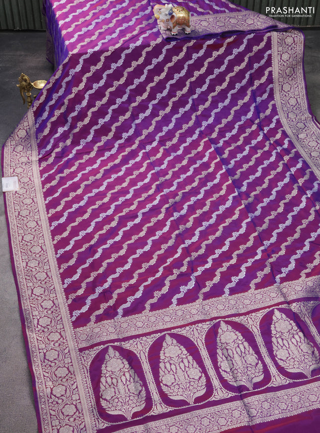 Banarasi semi katan silk saree purple with allover silver & gold zari weaves and floral zari woven border