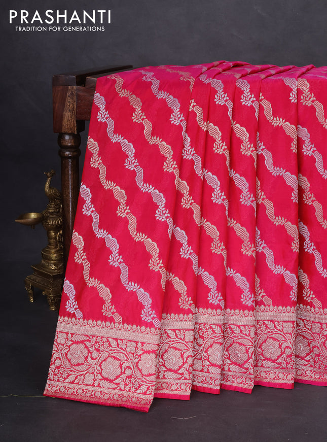 Banarasi semi katan silk saree pink with allover silver & gold zari weaves and floral zari woven border