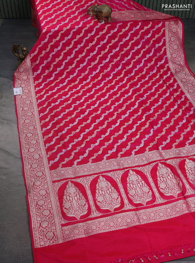 Banarasi semi katan silk saree pink with allover silver & gold zari weaves and floral zari woven border