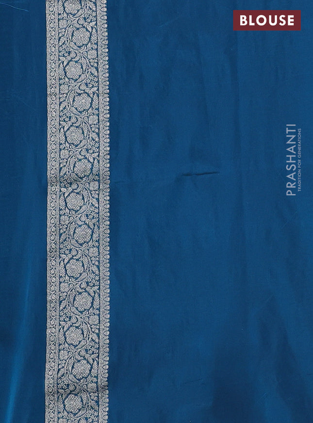 Banarasi semi katan silk saree peacock blue with allover silver & gold zari weaves and floral zari woven border