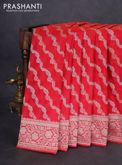 Banarasi semi katan silk saree red with allover silver & gold zari weaves and floral zari woven border