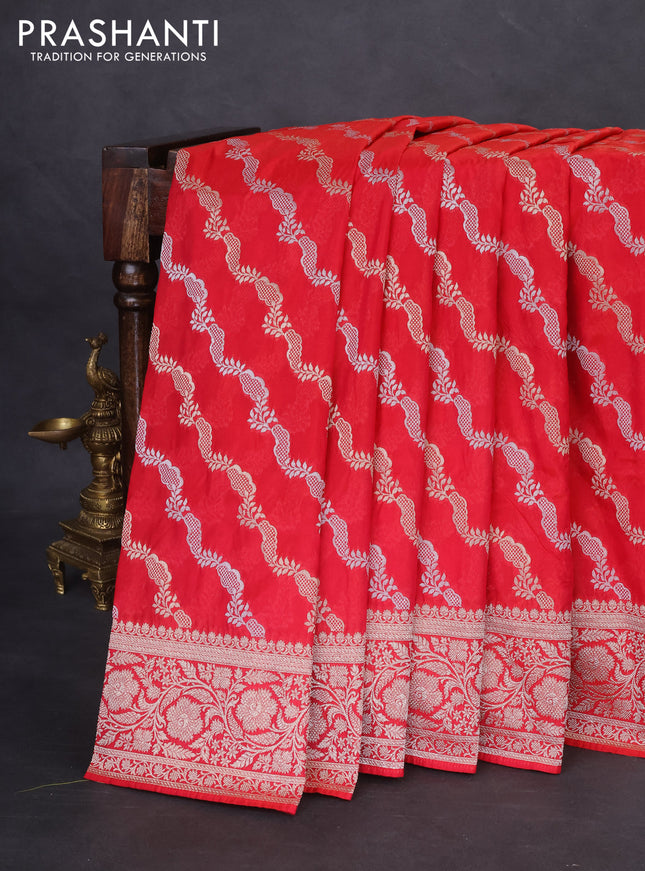 Banarasi semi katan silk saree red with allover silver & gold zari weaves and floral zari woven border