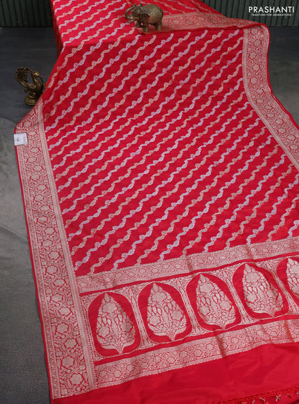 Banarasi semi katan silk saree red with allover silver & gold zari weaves and floral zari woven border
