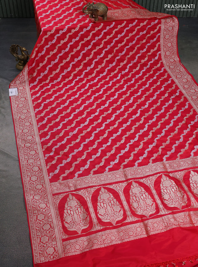 Banarasi semi katan silk saree red with allover silver & gold zari weaves and floral zari woven border
