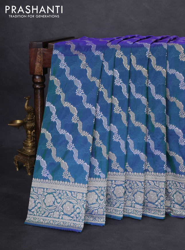 Banarasi semi katan silk saree dual shade of bluish green with allover silver & gold zari weaves and floral zari woven border