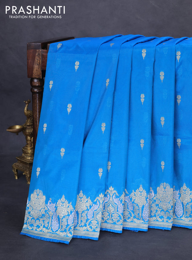 Banarasi semi katan silk saree cs blue with zari woven buttas and zari woven border