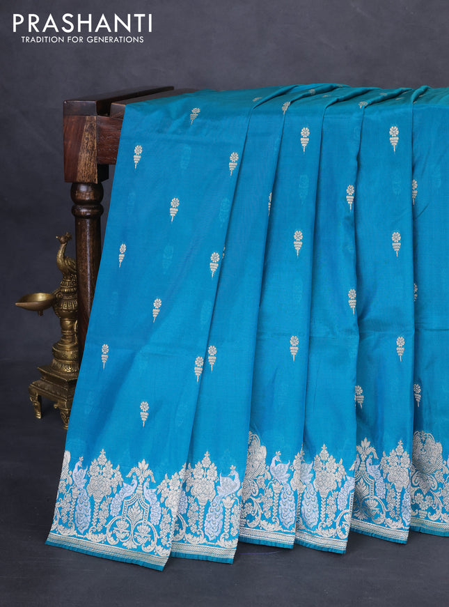 Banarasi semi katan silk saree dual shade of teal blue with zari woven buttas and zari woven border