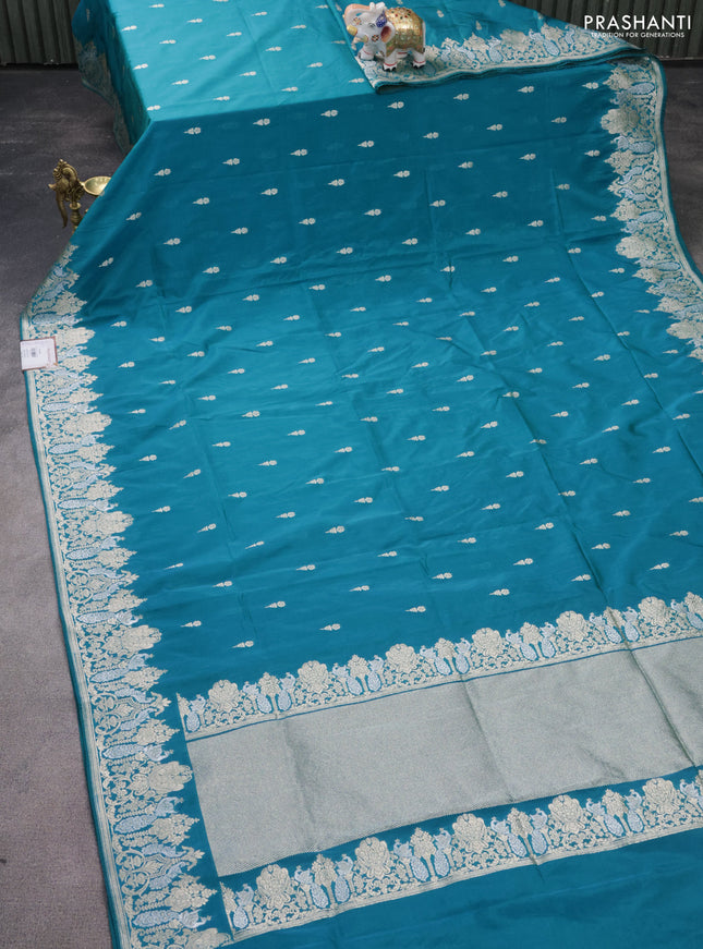 Banarasi semi katan silk saree dual shade of teal blue with zari woven buttas and zari woven border