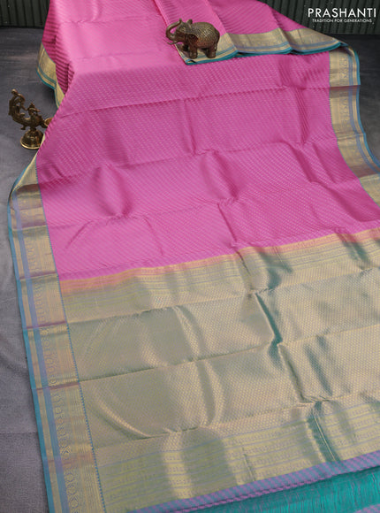 Pure kanchipuram silk saree pink and dual shade of teal blue with allover self emboss & zari buttas and rich zari woven border