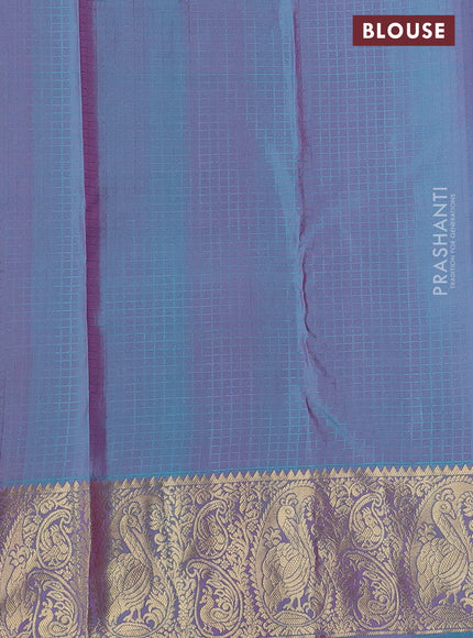 Pure kanchipuram silk saree pink and dual shade of teal blue with allover self emboss & zari buttas and paisley zari woven border
