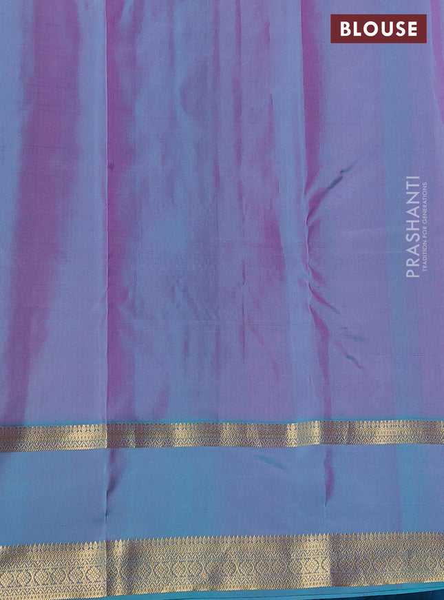 Pure kanchipuram silk saree pink and dual shade of teal blue with allover zari checked pattern and rettapet zari woven border