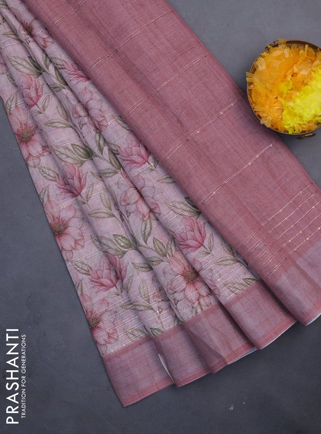 Linen cotton saree pastel maroon with floral prints & sequin work and silver zari woven border