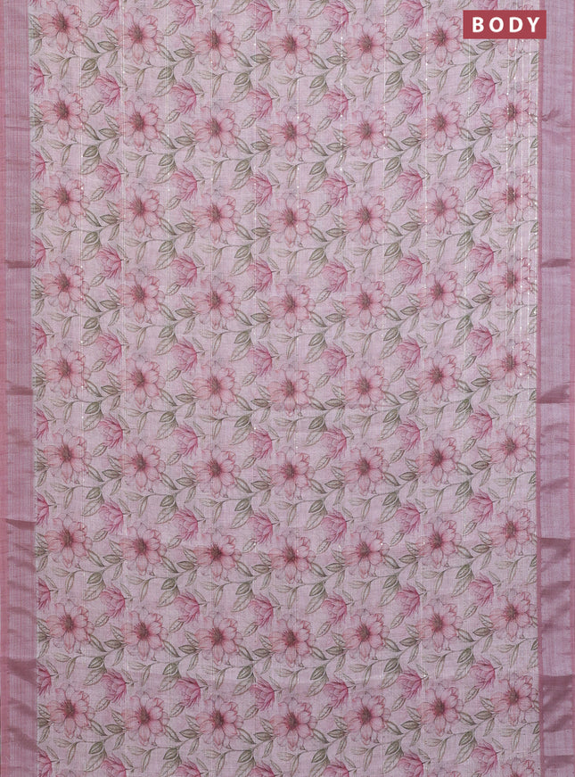 Linen cotton saree pastel maroon with floral prints & sequin work and silver zari woven border