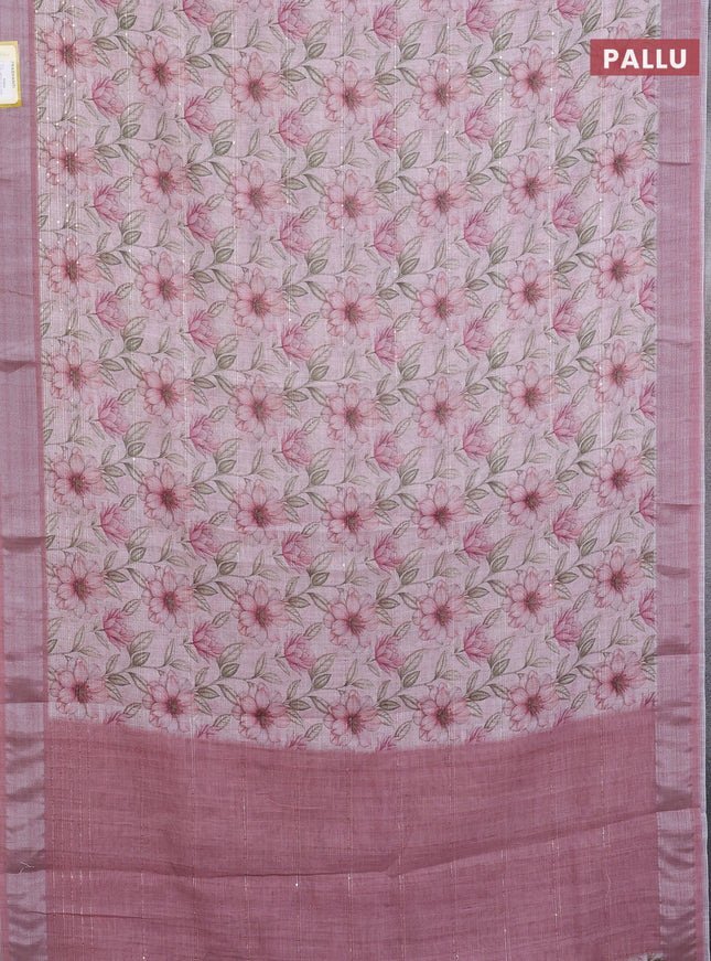 Linen cotton saree pastel maroon with floral prints & sequin work and silver zari woven border