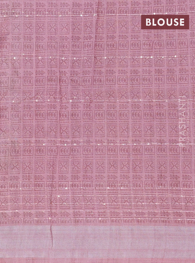 Linen cotton saree pastel maroon with floral prints & sequin work and silver zari woven border