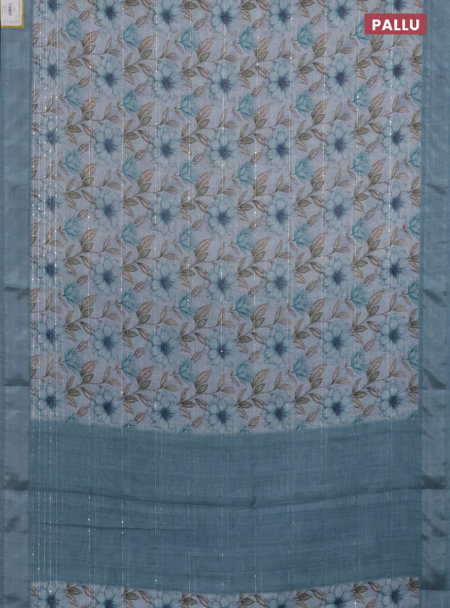 Linen cotton saree pastel blue with floral prints & sequin work and silver zari woven border